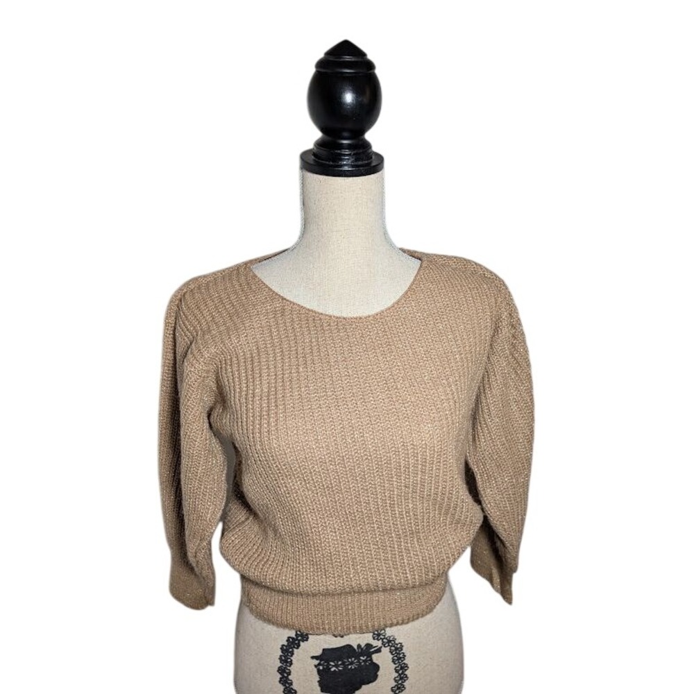 Penguin Isle Acrylic Sweater in Tan/Gold with Metallic Thread, Sz Medium Vintage